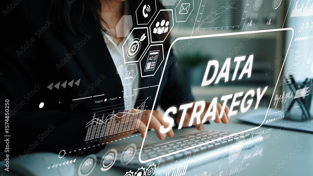 Poster professional woman typing on keyboard with digital data strategy visuals in modern office setting. a