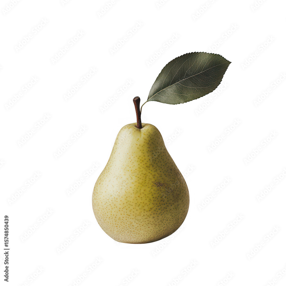 Poster a single ripe green pear with a textured leaf attached to its stem isolated on transparent backgroun