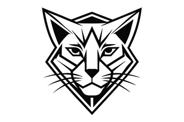 A stylized black and white bobcat head is framed within a geometric design