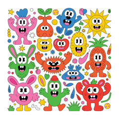 Obraz premium Collection of cheerful cartoon monsters and objects