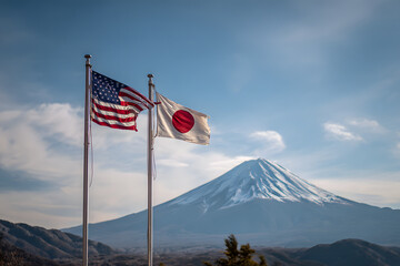 Japanese flag with mountain in the background