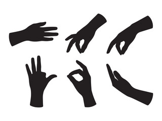 Silhouettes of Various Hand Gestures on White Background