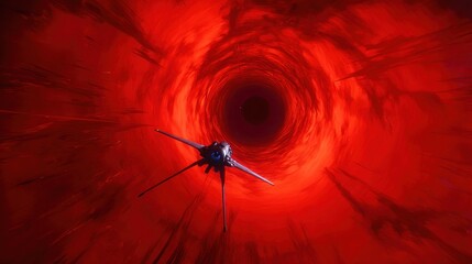 Spaceship navigating a fiery red vortex tunnel