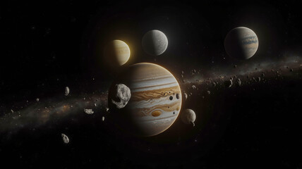 Jupiter and its moons with asteroids in the vastness of space