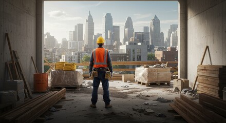 Construction worker looks at city skyline symbolizing urban development architecture and engineering on construction site