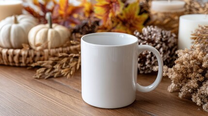 White mug showcases fall decorations with leaves and pumpkins on a dark wood table, enhanced by glowing candles and bokeh lights