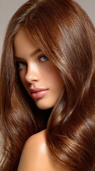 Obraz premium Beautiful young woman with long, flowing brown hair and captivating blue eyes showcasing natural beauty