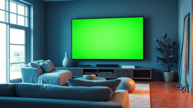 Living room setup featuring a green screen tv on a wooden tv stand unit
