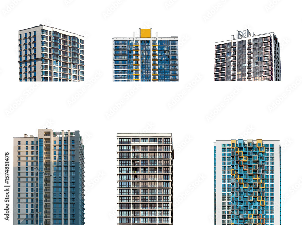 Poster building set with modern highrise towers and residential blocks. urban architecture combining