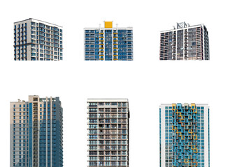 Building set with modern highrise towers and residential blocks. Urban architecture combining