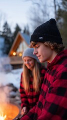 Gen Z Friends Roasting Marshmallows by A-Frame Cabin at Golden Hour