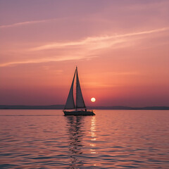 A single sailboat in calm water at sunset, surrounded by a pink and orange sky.