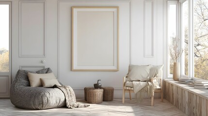 A bright, serene interior showcasing a cozy reading nook bathed in soft, natural light from a large window, highlighting a framed blank canvas on the wall above woven stools and wooden chair, and a
