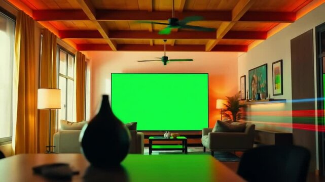 Living room setup featuring a green screen tv on a wooden tv stand unit