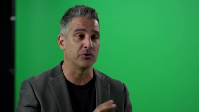 Actor performing monologue like presentation, green screen