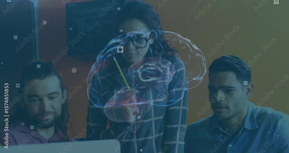 Aufkleber tech group of four activating floating 3d brain hologram over laptop for analysis, pointing