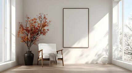 A bright, minimalist interior showcases a serene living space with natural light streaming through large windows, highlighting an elegant chair, autumnal floral arrangement, and blank picture frame,