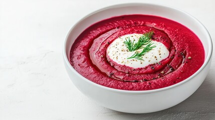 Beetroot soup is garnished with yogurt, dill and black pepper, creating a visually appealing swirl in a white bowl on a white background