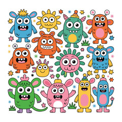 Fototapeta premium Colorful cartoon monsters and sun characters cute funny