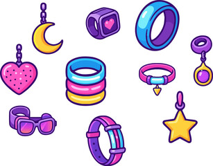 A collection of colorful, cartoon-style accessories including rings, charms, and bracelets in a playful Y2K aesthetic with bold outlines and glossy highlights.