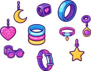A collection of colorful, cartoon-style accessories including rings, charms, and bracelets in a playful Y2K aesthetic with bold outlines and glossy highlights.