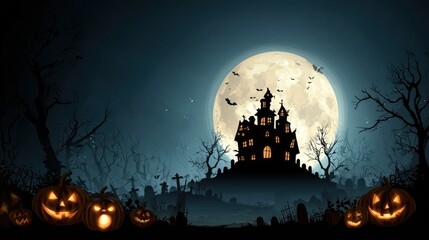 Spooky Halloween scene with haunted house, full moon, pumpkins, and graveyard