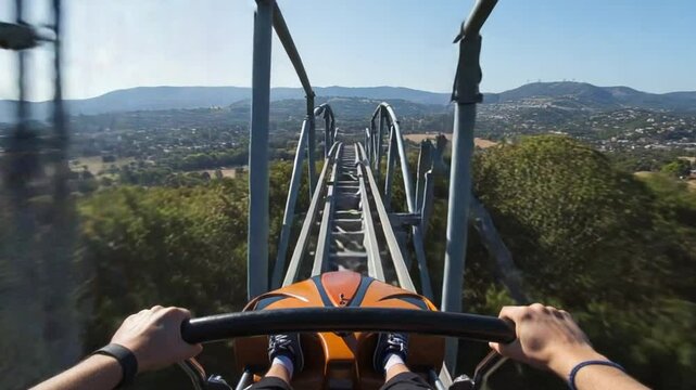 Roller coaster ride through a beautiful landscape, offering a thrilling perspective of the