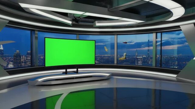 futuristic virtual newsroom interior with panoramic city view background and large green screen monitor in the center modern digital studio lights and metallic design 