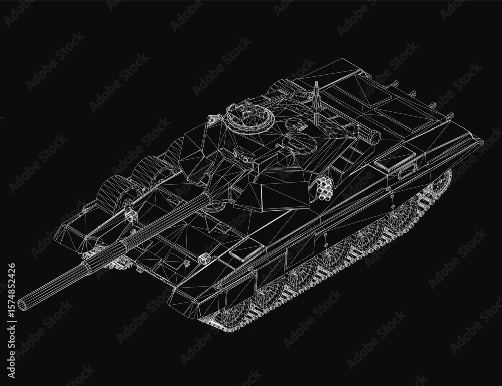 Poster a detailed 3d model of tank blueprint on a black background features intricate lines and realistic c