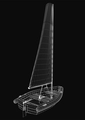 A sleek 3D model of a sailboat floats on a black background, showcasing realistic details like the textured sails, polished hull, and intricate rigging.