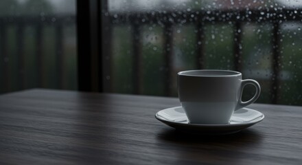 Fototapeta premium Rainy day tranquility captures the essence of coffee time indoors a cozy scene perfect for creating a relaxing atmosphere