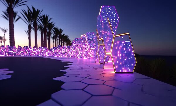 Illuminated Neon Geometric Structure At Sunset With Hexagonal Pavement Palm Trees And Purple Glowing Lights