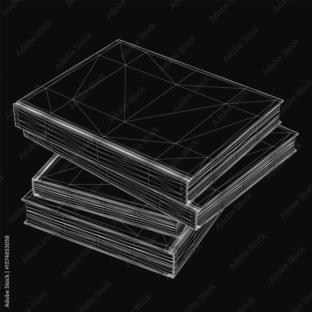 Poster a neat stack of white books stands against a black background, with a 3d model of books in the foreg