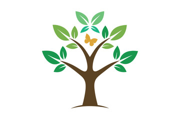 Fototapeta premium Stylized tree with green leaves and orange butterfly symbol