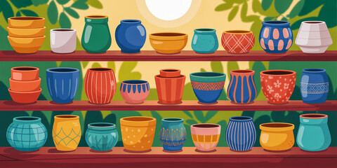 Colorful collection of decorative ceramic pots and vases displayed on shelves