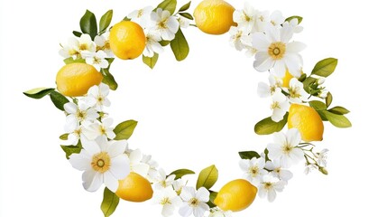 Lemons, blossoms, wreath, white background, food blog
