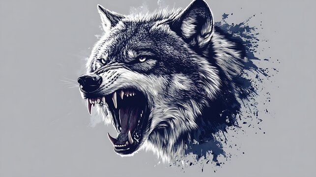 Artistic and detailed photo of an angry wolf with open mouth and menacing teeth against a light background