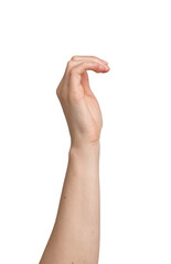 Hand gesture showing C shape. Female arm with curved fingers, thumb and palm in neutral position,