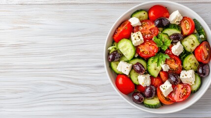 Classic Greek salad featuring fresh cucumbers, ripe tomatoes, olives, and crumbled feta, beautifully arranged on a light wooden surface