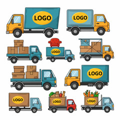 Delivery trucks with cargo and logo placeholders