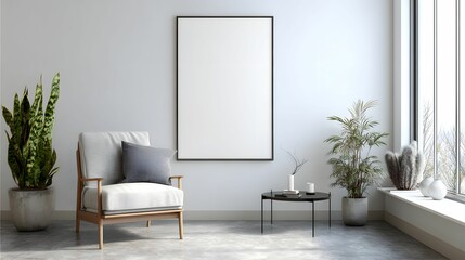 Serene living space showcasing minimalist interior design, with a focus on natural light and plants; an armchair, a blank picture frame, and decorative elements create a calming, inviting atmosphere.
