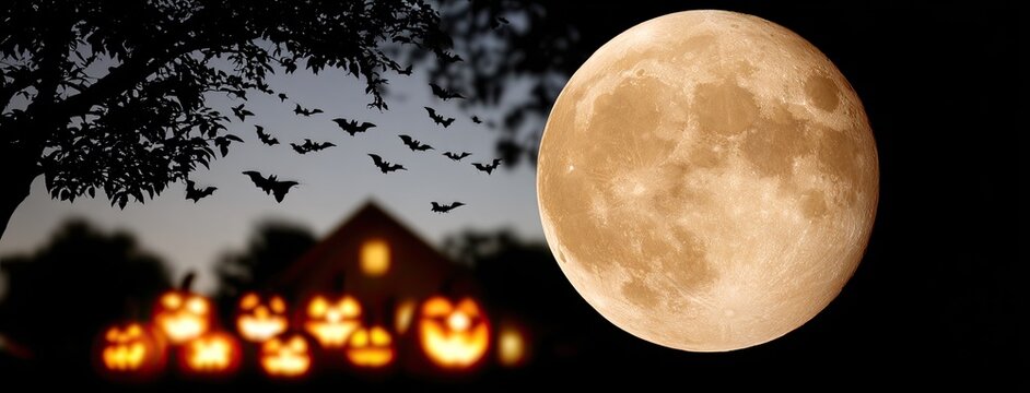 Spooky night features glowing jack-o-lanterns, an old mansion, and a dark forest fog, setting the perfect Halloween atmosphere