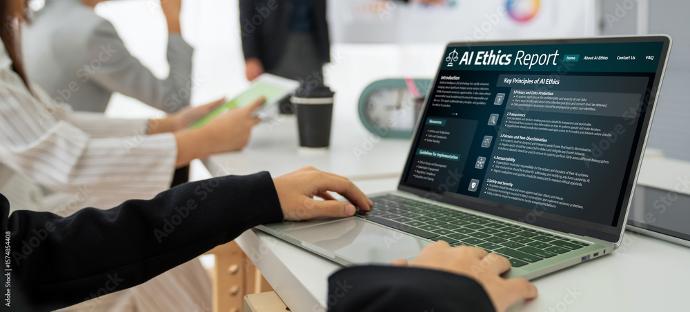 Poster ai ethics responsibility standard law and rules on computer screen provide report of ai ethic transp