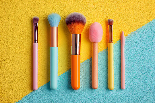 A flat lay top down view of 5 makeup brushes
