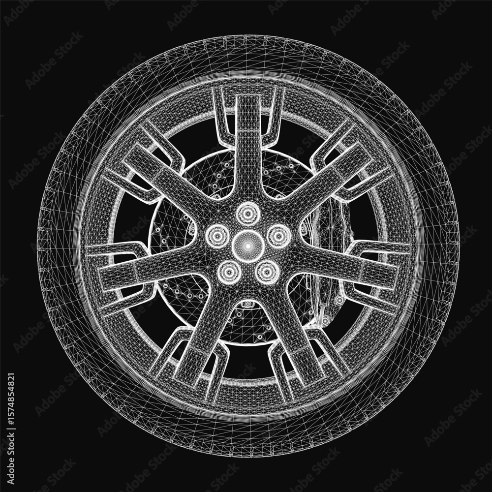 Poster a detailed 3d model of a car wheel with intricate lines and realistic textures, isolated on a sleek 