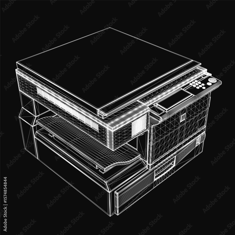 Poster a sleek 3d model of a copier printer displayed on a black background highlights its modern design an