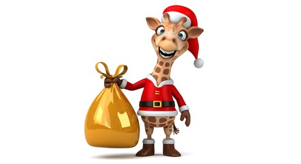 Cartoon giraffe wearing a Santa outfit holding a sparkly gift bag — isolated on a white background

