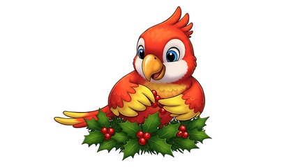 Cartoon parrot placing red berries on a green holly crown — isolated on a white background


