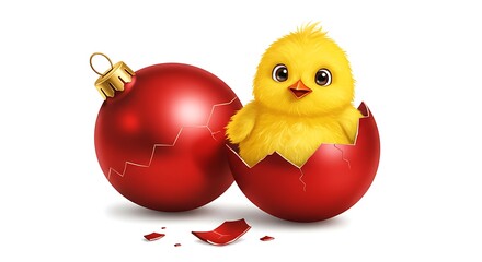 Cartoon chick hatching from a red Christmas ornament — isolated on a white background

