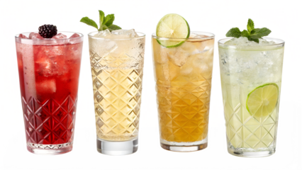 Four refreshing tall cocktails with ice and garnishes isolated on transparent background